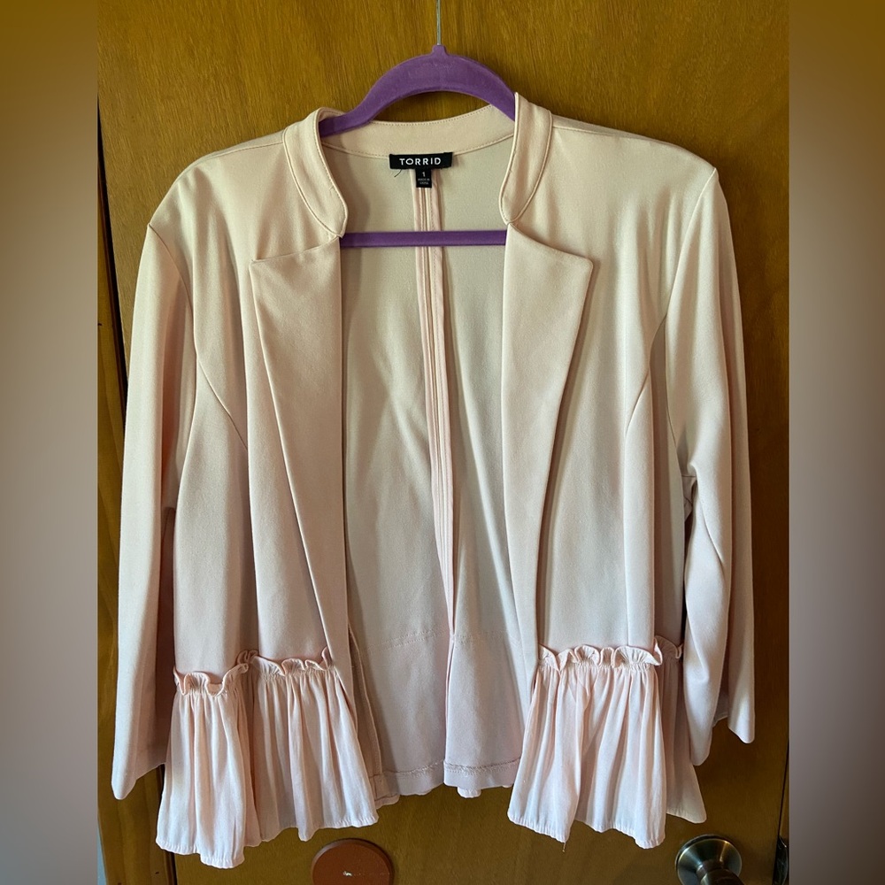 Torrid blush pink military ruffled peplum jacket Sz 1